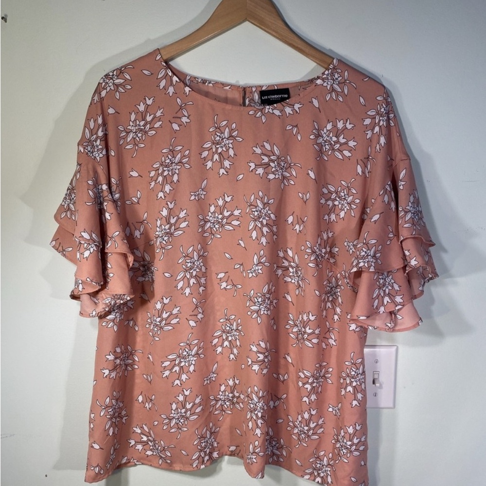 Liz Claiborne Floral Ruffle Sleeve Blouse - Peach